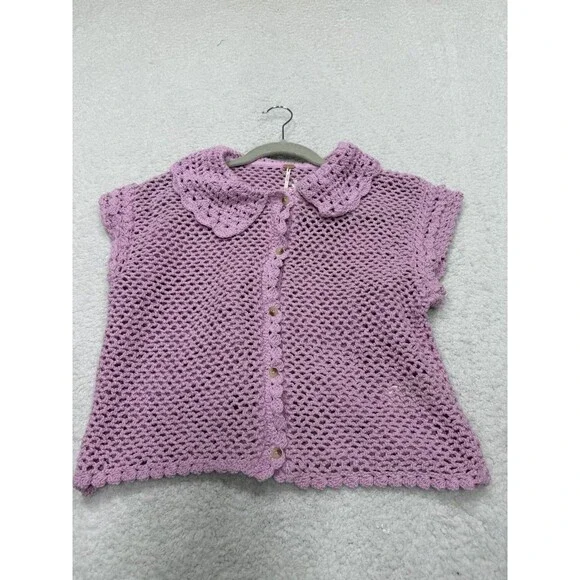Free People Crochet Top Women Lily Lilac Collared Preppy Boho Retro Small NWT - Picture 2 of 11